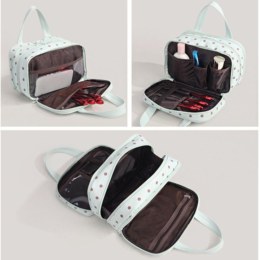Polka Dot Pu Cosmetic Bag Three Layer Partition Toiletry Organizer Bag Travel Tote  Business