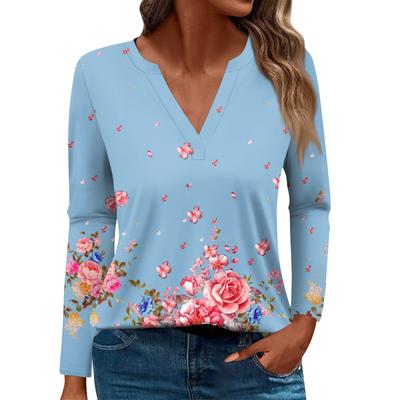 Women's Casual Fashion Comfortable Leisure Floral Print V-Neck Long Sleeve T-Shirt Tops