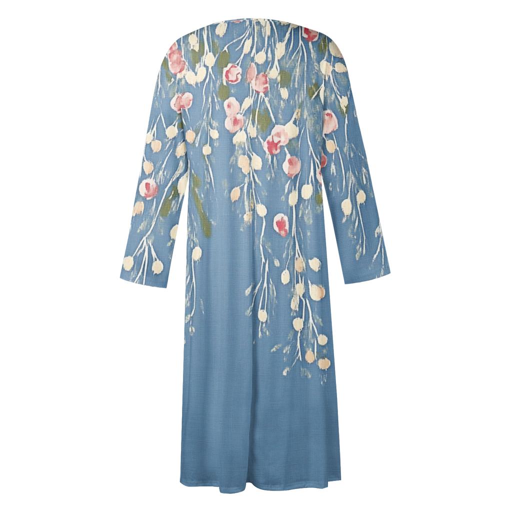 Rochie Midi Casual de Damă cu Gât Rotund, Imprimeu Floral, Mânecă Lungă, cu Buzunare