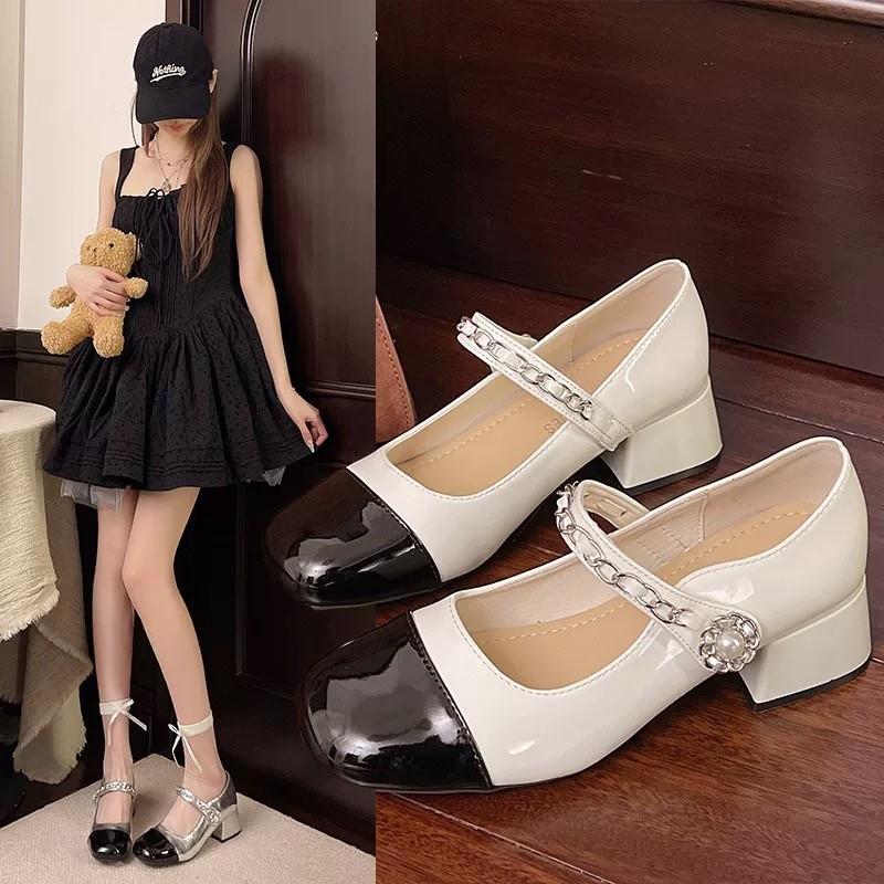 

Half curved small fragrant style retro Mary Jane shoes women French high heels fairy style small leather shoes pearl thick heel single shoes women 35