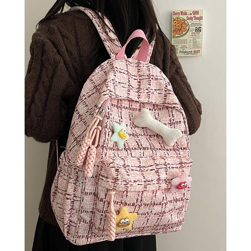 Japanese Style Literary And Artistic Small Fresh Plaid Schoolbag, High School Student Campus Backpack Female Corduroy Backpack Female