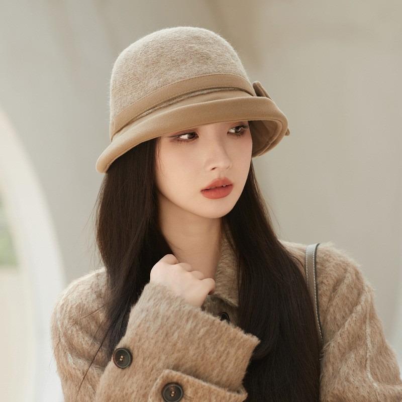 Bow autumn and winter hat women's big head circumference shows small face temperament bucket hat retro versatile basin hat