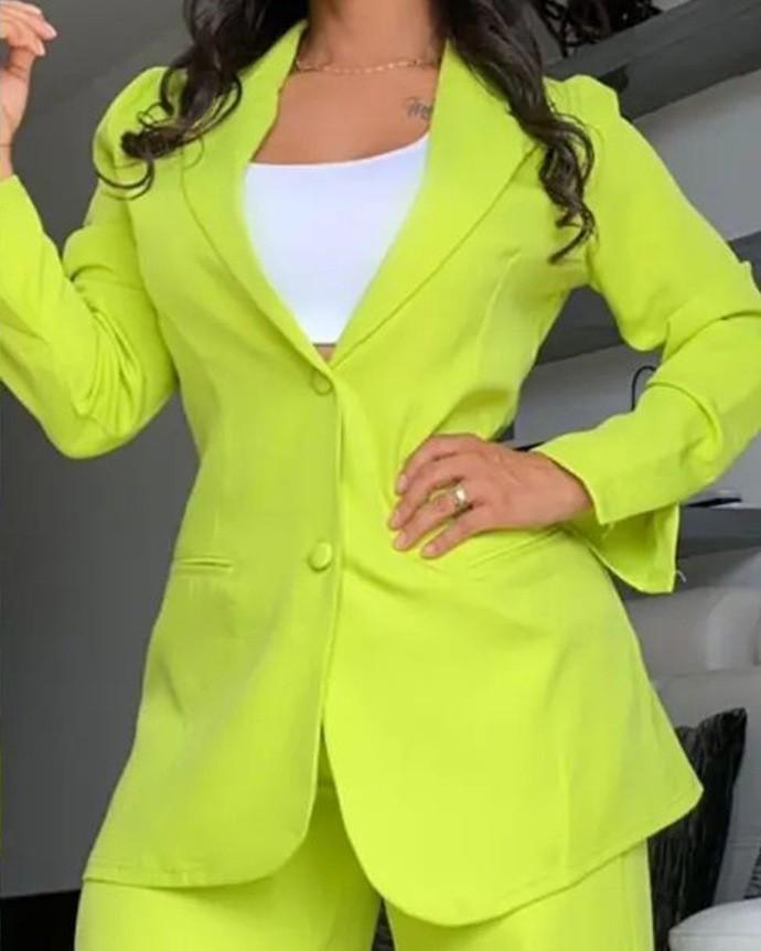 Women's Solid Color Split Sleeve Lapel Suit Straight Pants Suit