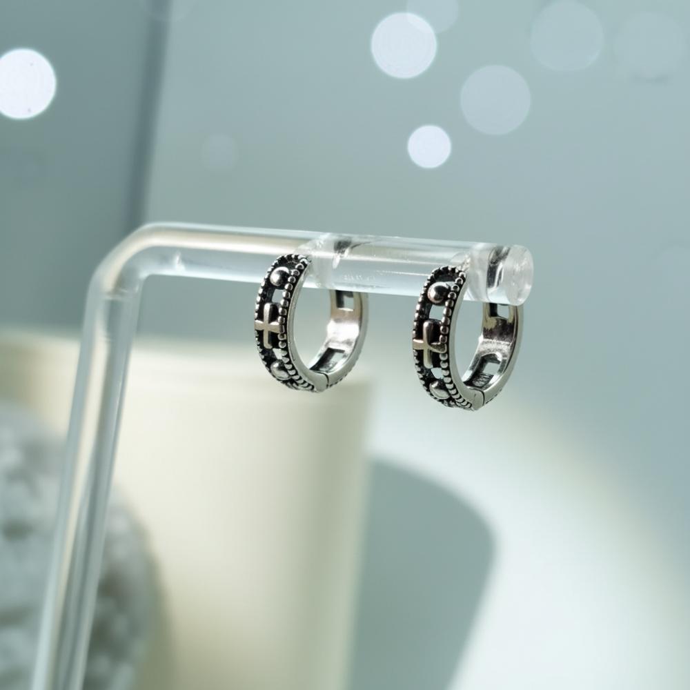 S925 Silver Vintage Cross Antique Huggie Hoop Earrings · From Korea