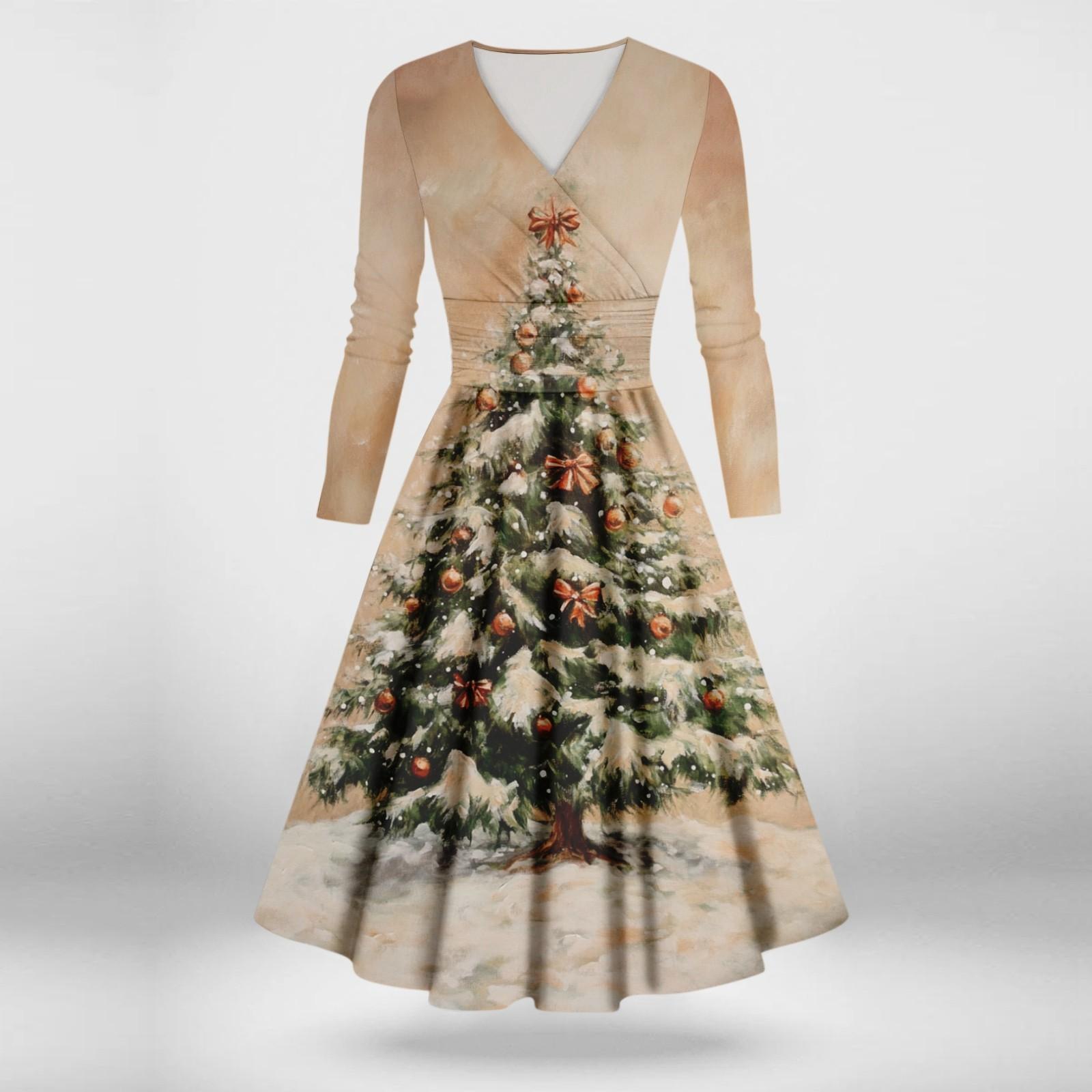 

Женское повседневное и модное сексуальное платье с v-образным вырезом и длинными рукавами с рождественским принтом XL хаки