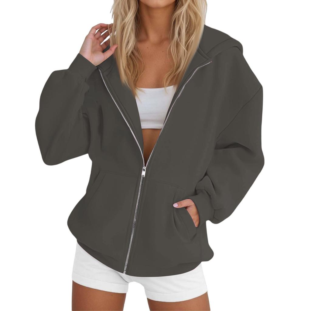 Women's Long Sleeve Solid Color Hooded Sweatshirt Jacket