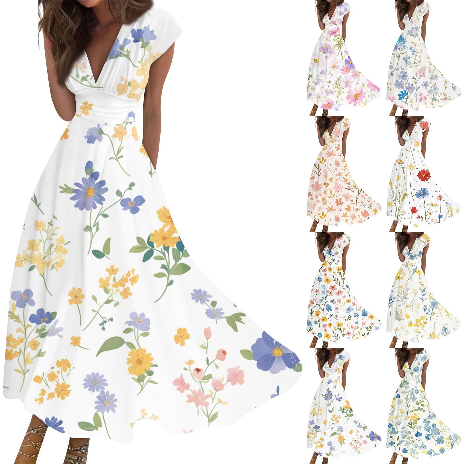 

Women s Long Casual Dress Summer Short-Sleeve V-Neck Waist Retraction Printed Dress S