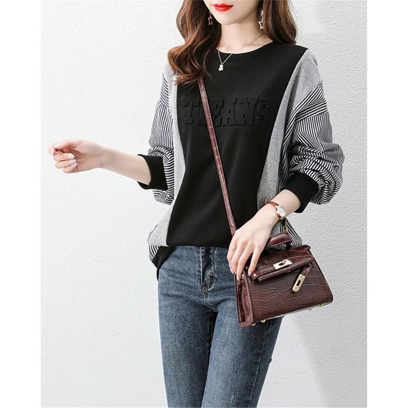 

Autumn Women s Casual Fashion Letter Print Striped Stitching Sweatshirt XXL чёрный