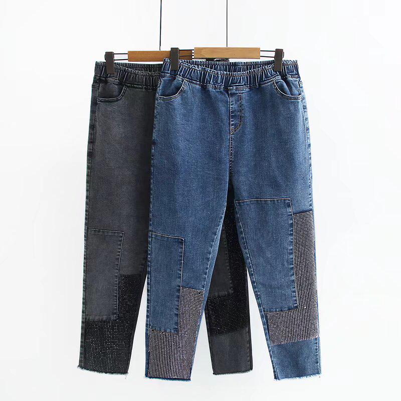 Spring 2022 Plus Size High Waist Rhinestone Embellished Denim Cropped Pants for Women
