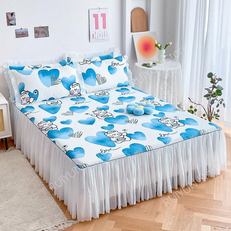 Decorative Lace Ruffled Bed Skirt Non-slip Mattress Cover Princess Printed Bed Skirt Bedsheet Bed Cover Home Bedspread Bed Skirt