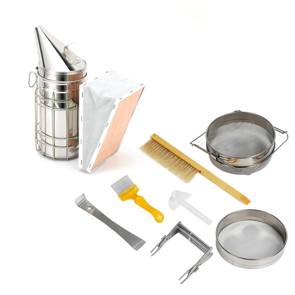 Beekeeping Starter Set Bee Brush Scraper Frame Clip Beehive Smoker Double Mesh Screen Water Feeder