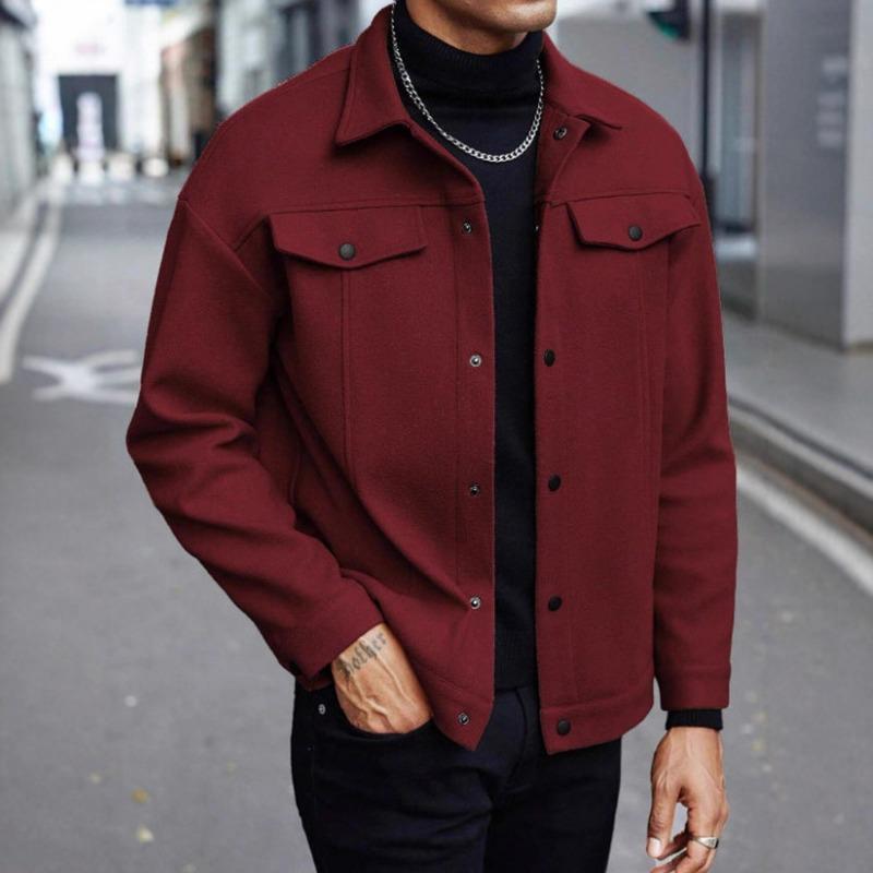 2025 Men's Autumn and Winter New Woolen Jackets European Fashion Simple Solid Color