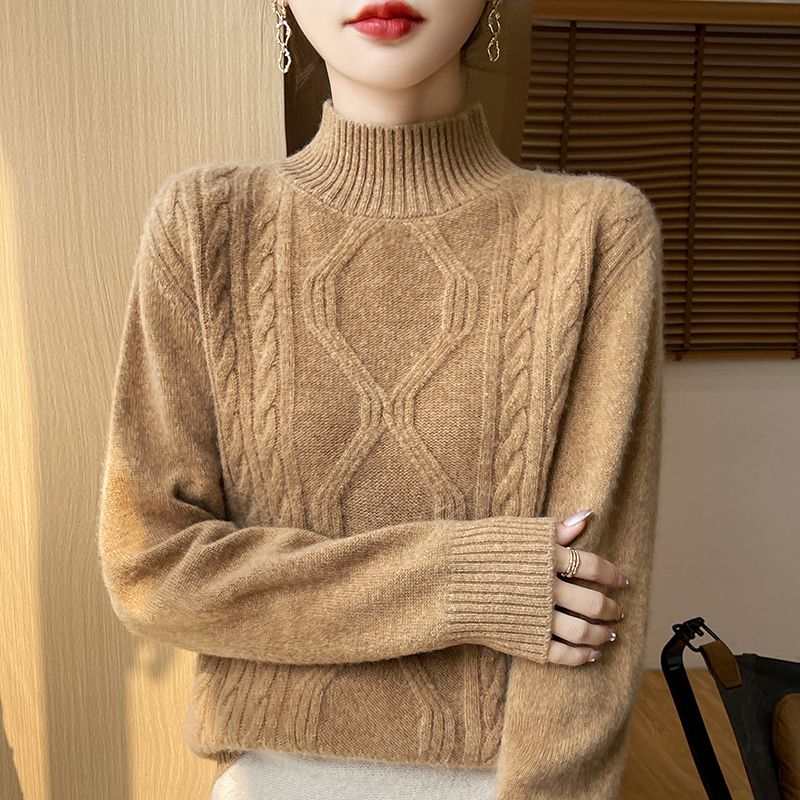 Women's Winter Thick Pure Wool Sweater - Half-Turtleneck High Neck Pullover, H-Silhouette Regular Fit with Flared Hem, Medium Stretch Long Sleeve