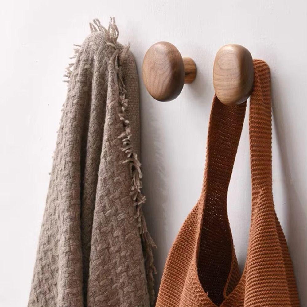 4pcs Beech Walnut Wood Wood Hook Solid Wood Punch Free Hanging Hanger Wood Handle Simple Design Wall Hook Kitchen Organization