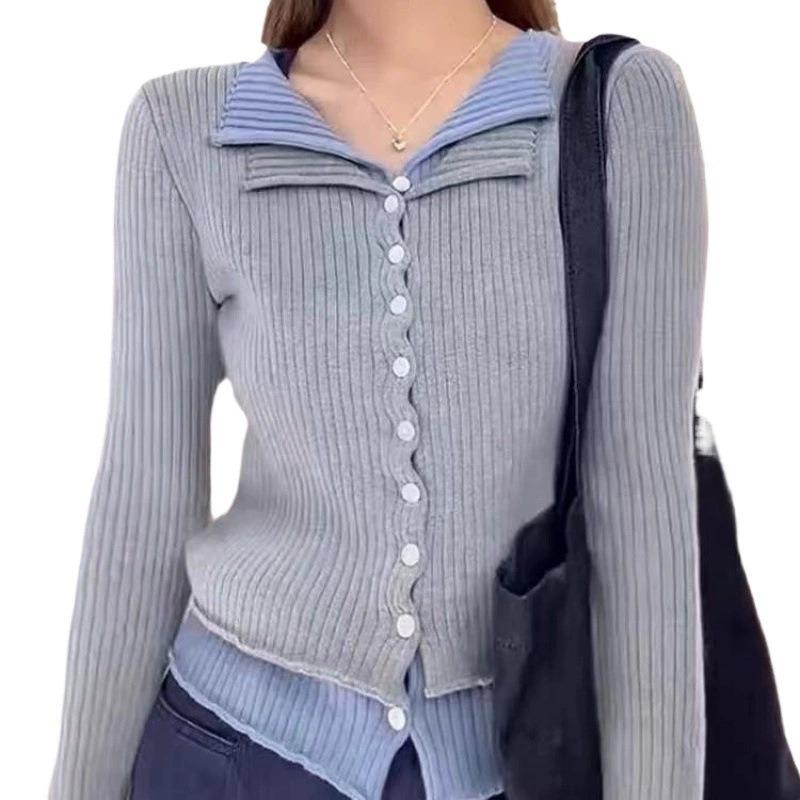 Early autumn new contrasting color fake two-piece knitted cardigan female slim and thin versatile simple lapel sweater