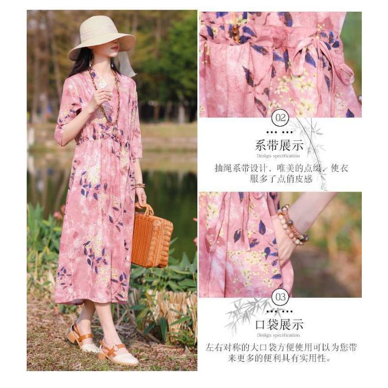 Übergröße V-Ausschnitt Langes Kleid Ethnischer Druck Schlitzärmel Lockere Taille Bindekleider