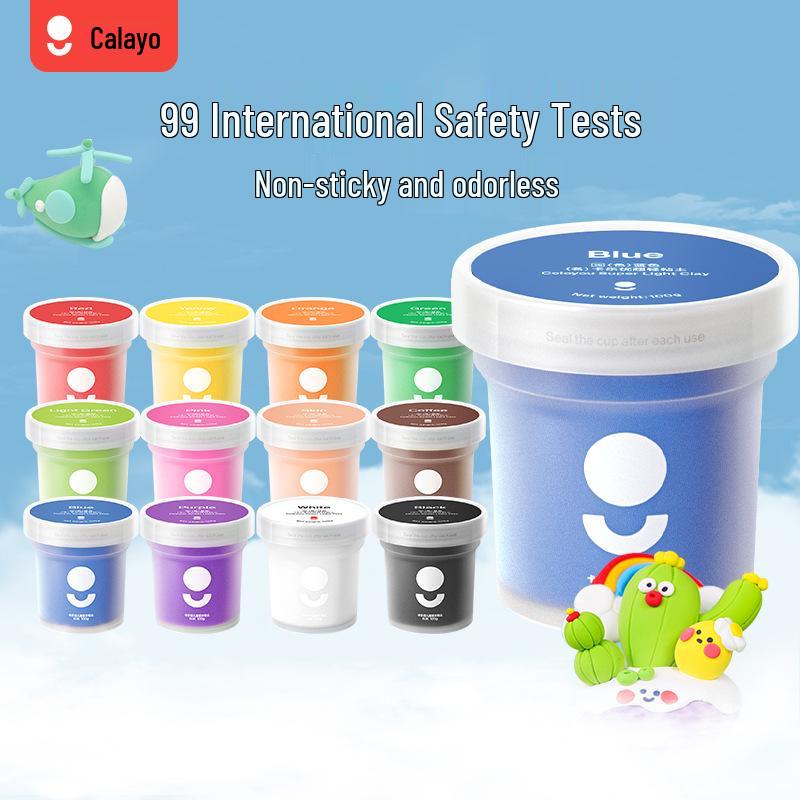 Caloyou Non-Toxic Super Light Clay Set: 12 Colors, 100g Jars - Safe Colored Modeling Clay for Children’s Creative Play