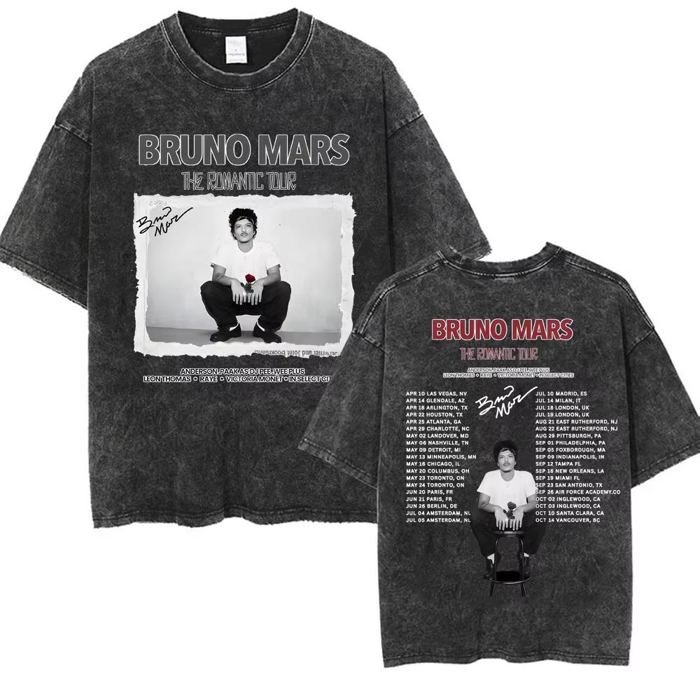 Bruno Mars The Romantic Tour 2026 Vintage Gewassen T-shirt Mannen Vrouwen Mode Hip Hop Pop Muziek T-shirt Zomer Casual Katoenen T-shirt