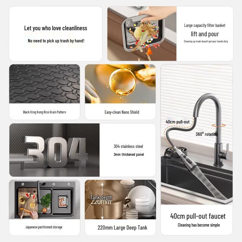 Cobbe 5MM Thick SUS304 Gunmetal Gray Single Kitchen Sink with Faucet