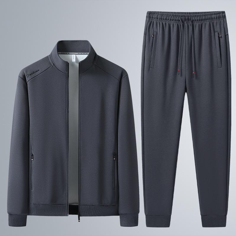 Spring and Autumn Cotton Sports Suit Stand-up Collar Sweater Men's Middle-aged and Elderly Casual Handsome Cardigan Loose Two-piece Suit Plus Size