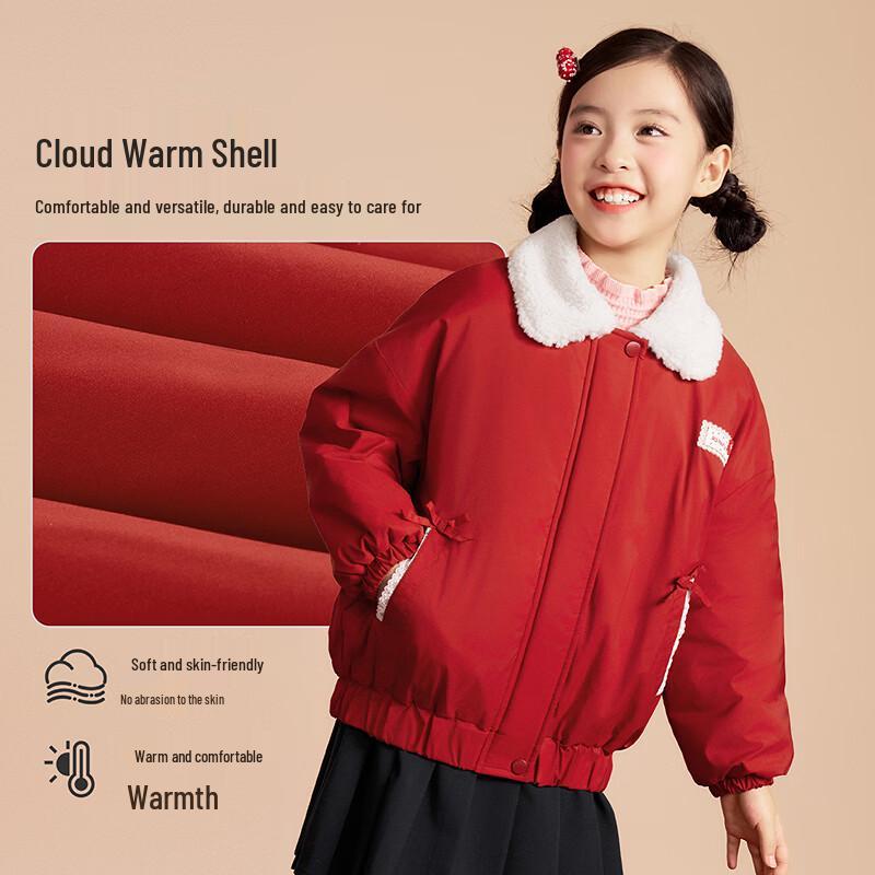 Girls' Plush Collar Red Padded Winter Jacket