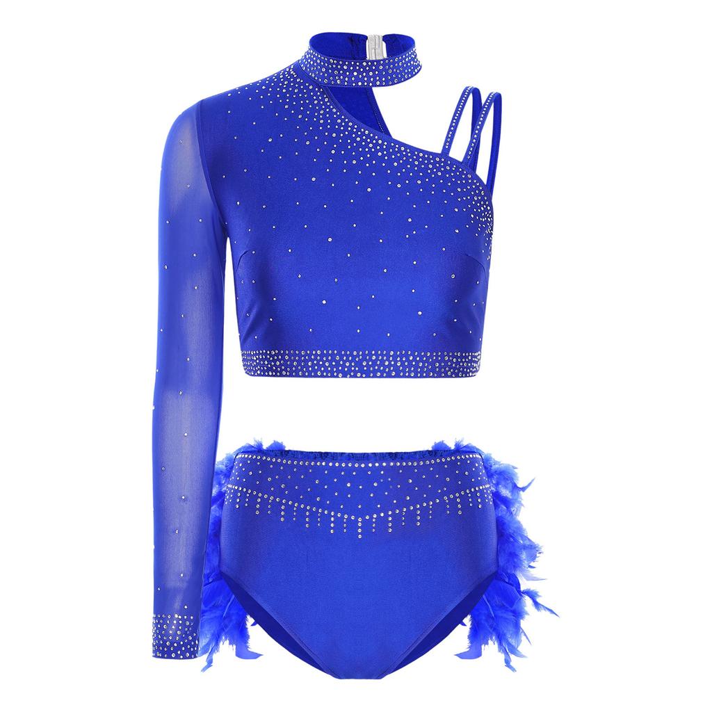 Damen Latein Tanz Set Glitzerndes Strass Outfit Ein Schulter Langarm Crop Top & Rückenfeder Slips