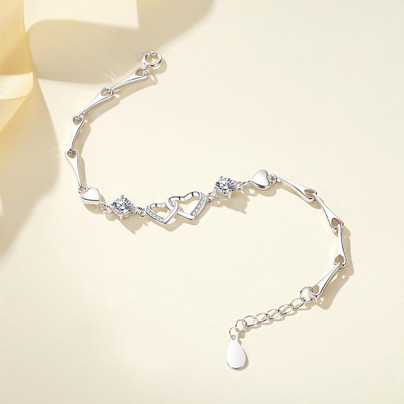 S999 Sterling Silver Heart-to-heart Double Heart Bracelet, Simple and Sweet Bracelet, Romantic Silver Bracelet