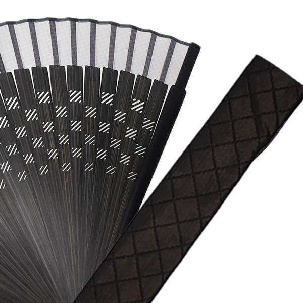 Stylish Kimono Iroha Fabric Folding Fan with Fan Dyed Checkered 22cm Men's Bag, Bone, Pattern, (Black)