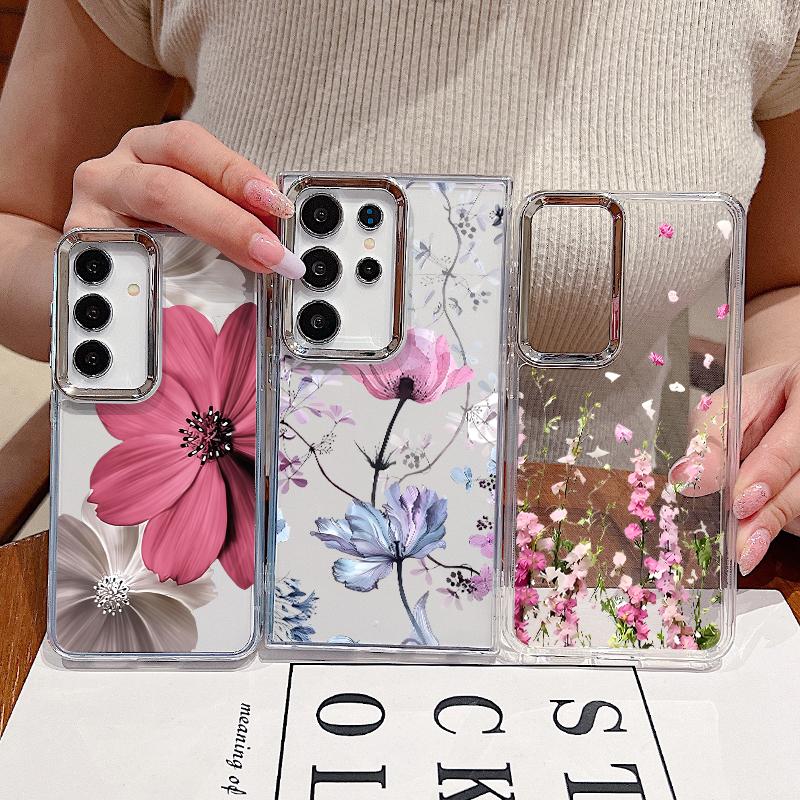 Floral Pattern Case For Samsung S26 S25 Ultra S24 FE S23 Plus S22 S21 A15 A16 A17 A35 A36 A37 A54 A55 A56 A57 5G Plating Lens Soft Cover
