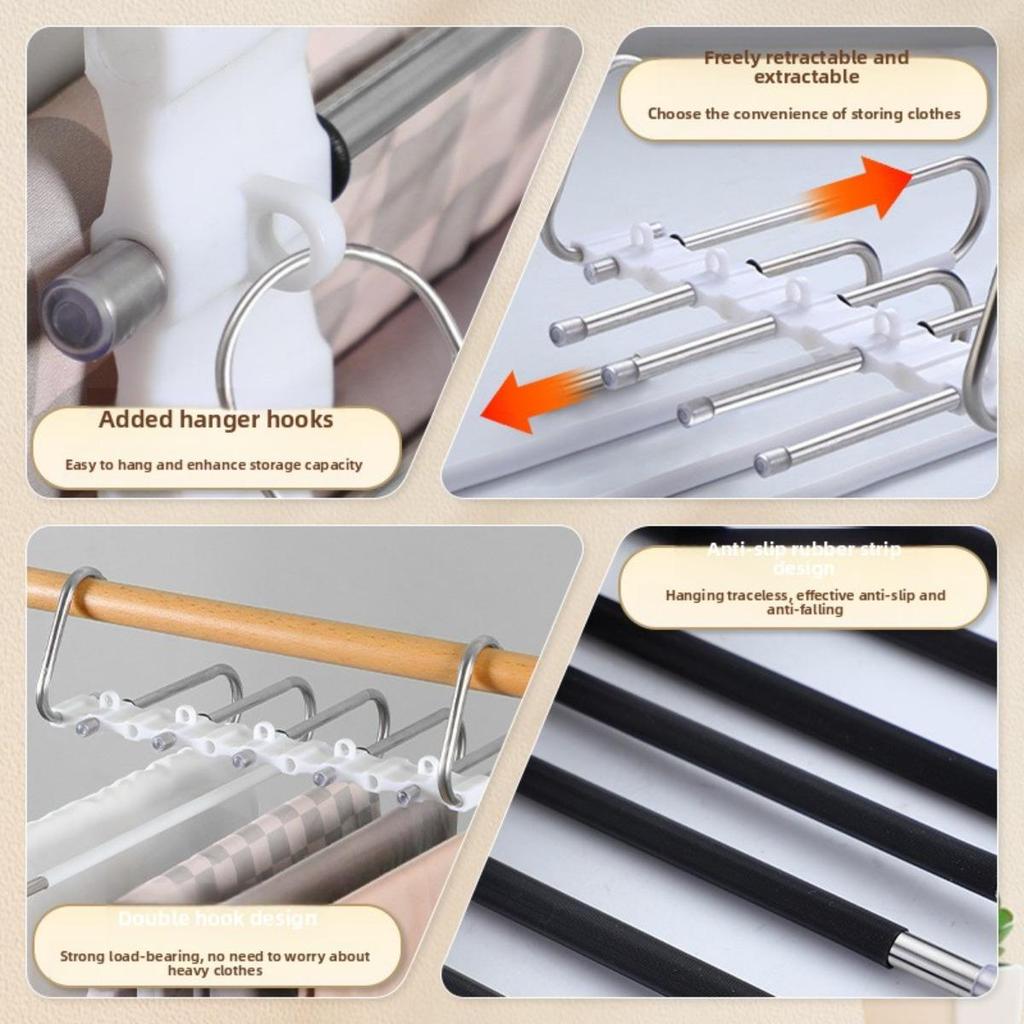 Platzsparender 9-lagiger Metall-Hosenbügel mit Anti-Rutsch-Beschichtung, Edelstahl-Design, inklusive 5 Haken, reduziert 80% Unordnung, für enge Jeans und Denim-Stoffe