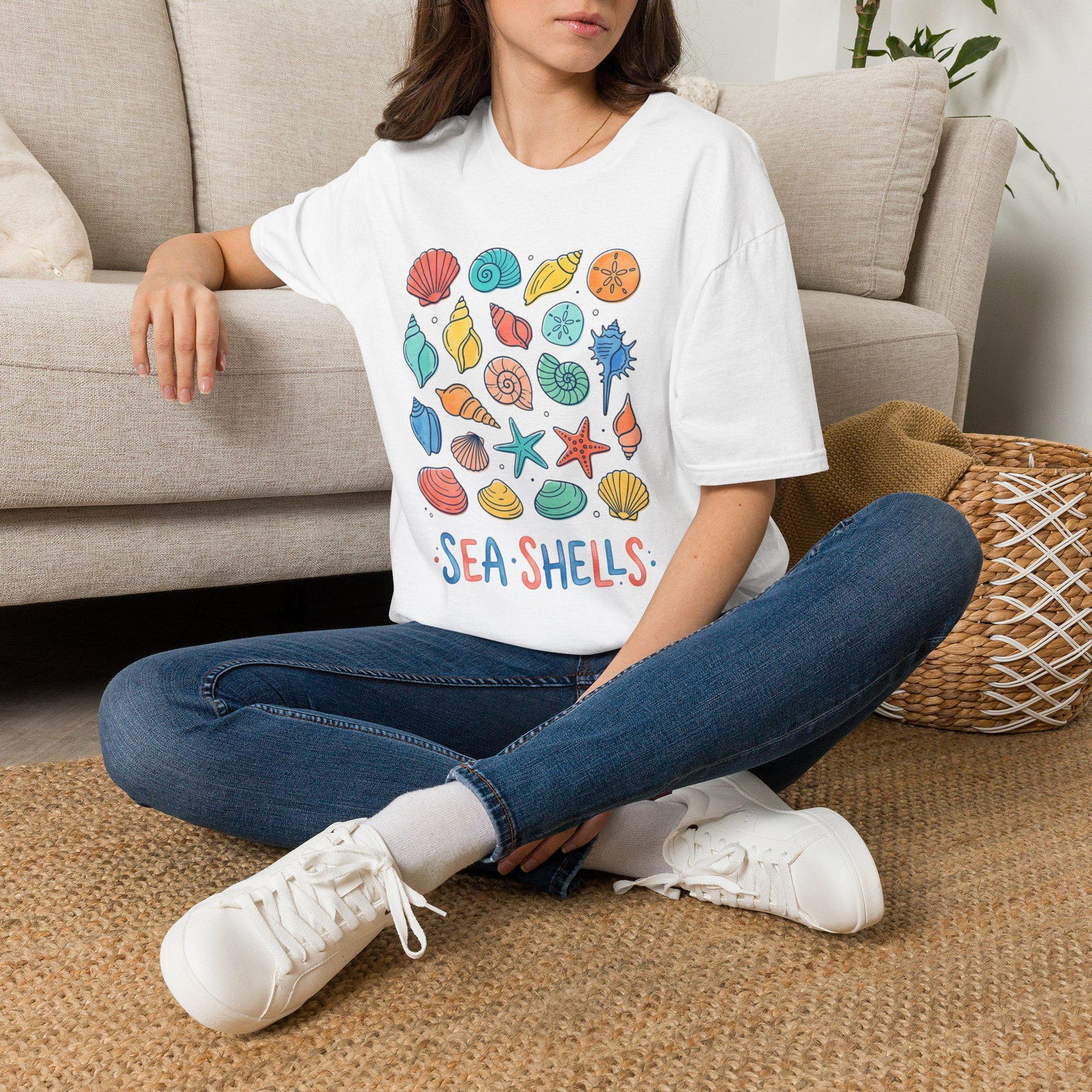 Coastal Seashell Shirt Collection | Summer Beach Graphic Tees, Plush Throw & Ocean Stickers L