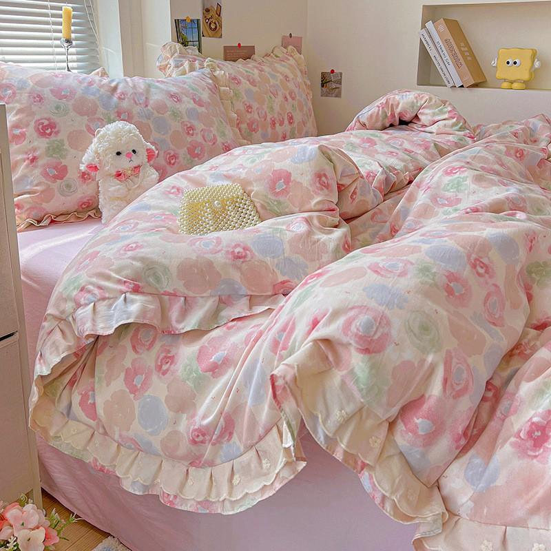 Washed Cotton Double Gauze Bedding Set Floral Ruffle Bed Sheets Bedroom