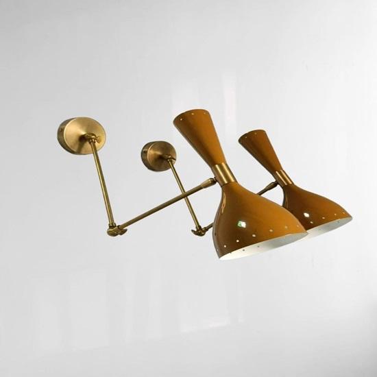 Mid-Century Italian Brass Wall Sconce Pair Brown Diabolo Lamps