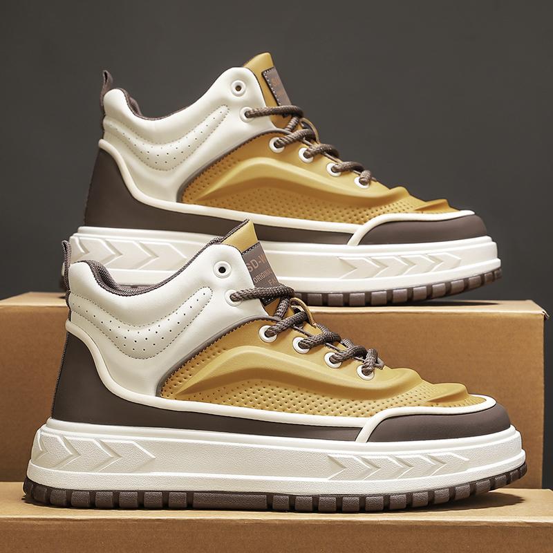 

Autumn fashion new leather splicing high-top board shoes breathable and comfortable thick-soled heightening lace-up sneakers men s shoes 44