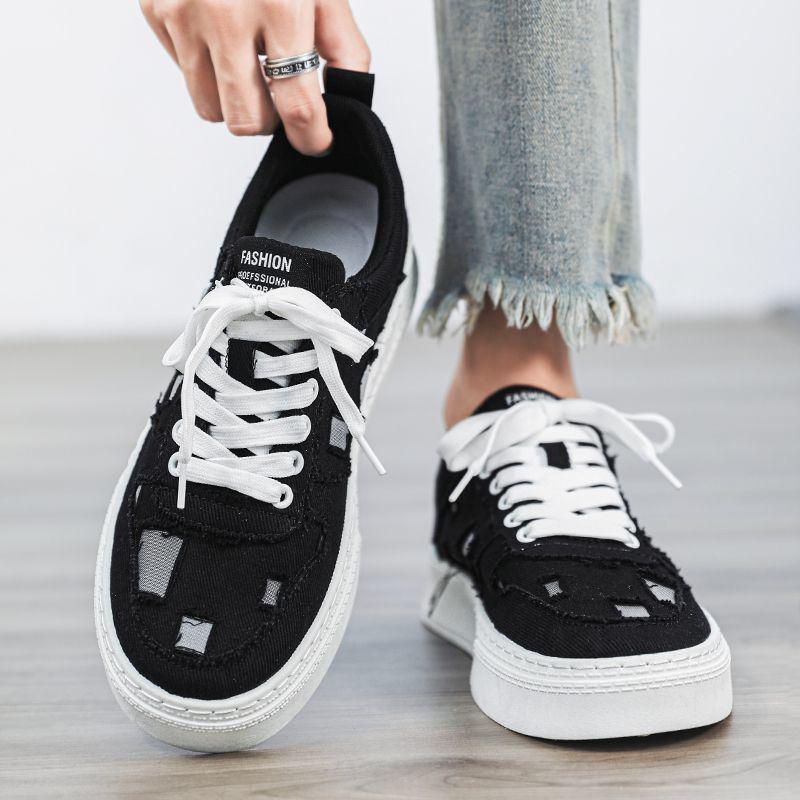 2025 Men's Breathable Canvas Shoes - Summer Fashion, Trendy, Odor-Resistant, Ripped, Wear-Resistant White Skate Sneakers