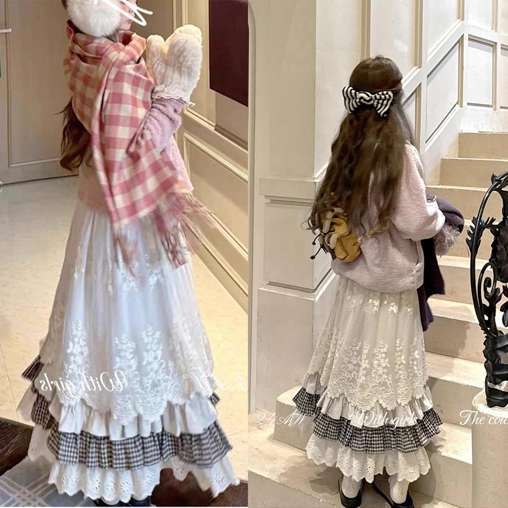 LAVASEON Cute Long Skirt with Lace and Floral and Embroidered Tiered Check Mori Girl High Winter Ruffles, Women's Mass-Produced School-Style Skirt,