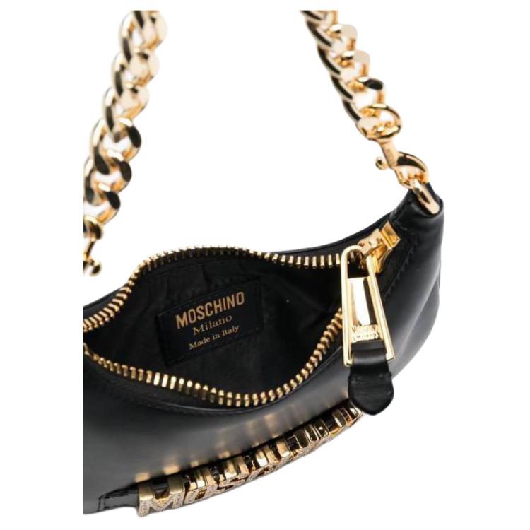 Moschino Logo Decorated Detachable Chain Handle Zip Closure Calfskin Tote Shoulder Bag Women bags Black A757980243555
