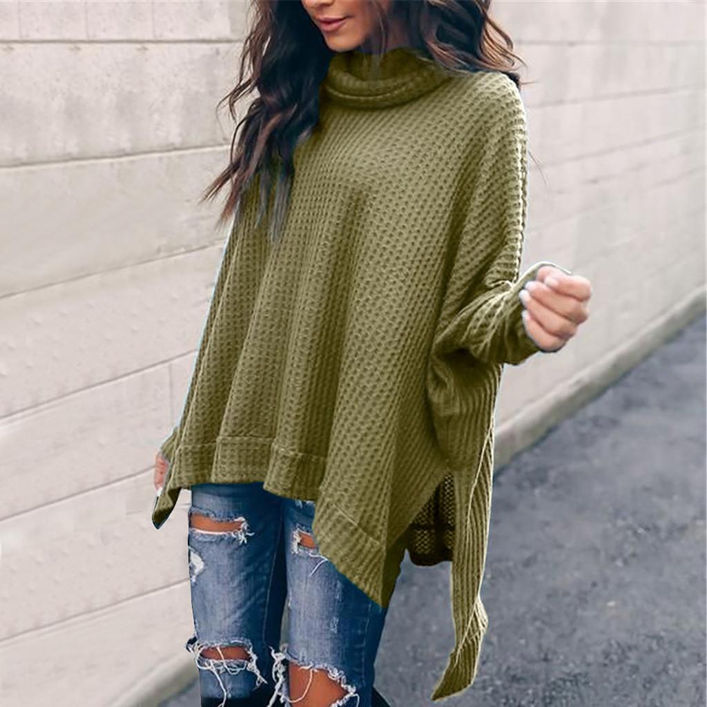 Women's  And Winter Loose Solid Color Irregular Hem Stitching Long-sleeved Pile Collar Knit Sweater Top