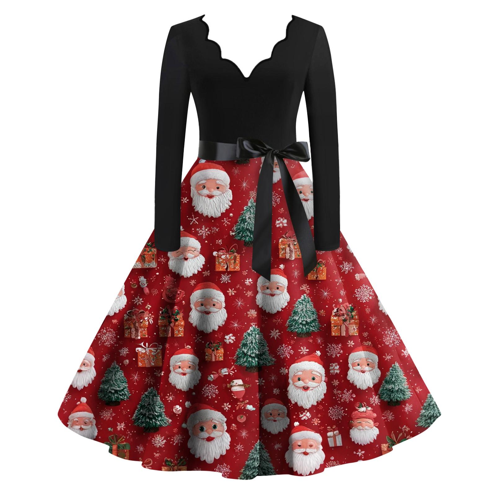 

Женское повседневное и модное платье с V-образным вырезом, длинными рукавами и рождественским принтом XXXL