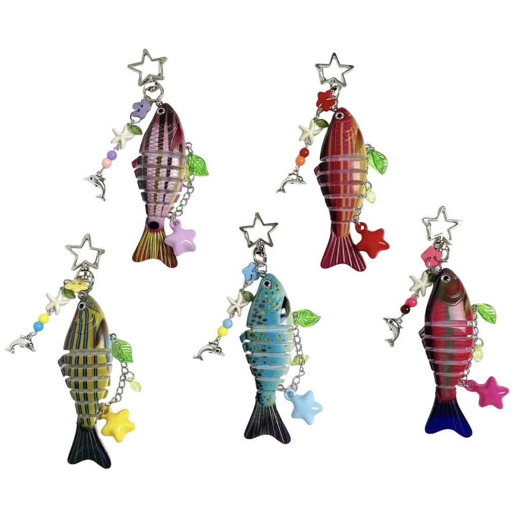 Cute Fish Resin Keychain Charm Colorful Enamel Fish Pendant with Star Beads for Bag Backpack Keyring Handmade Craft Gift