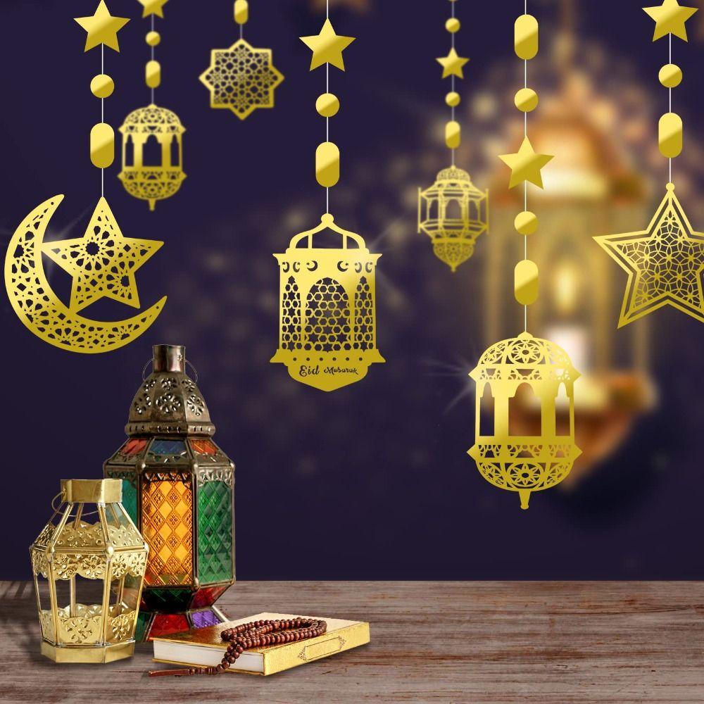 8Pcs Paper Garland Hanging Banner Pendant Star Moon Design Eid Mubarak Banner  Home Decor