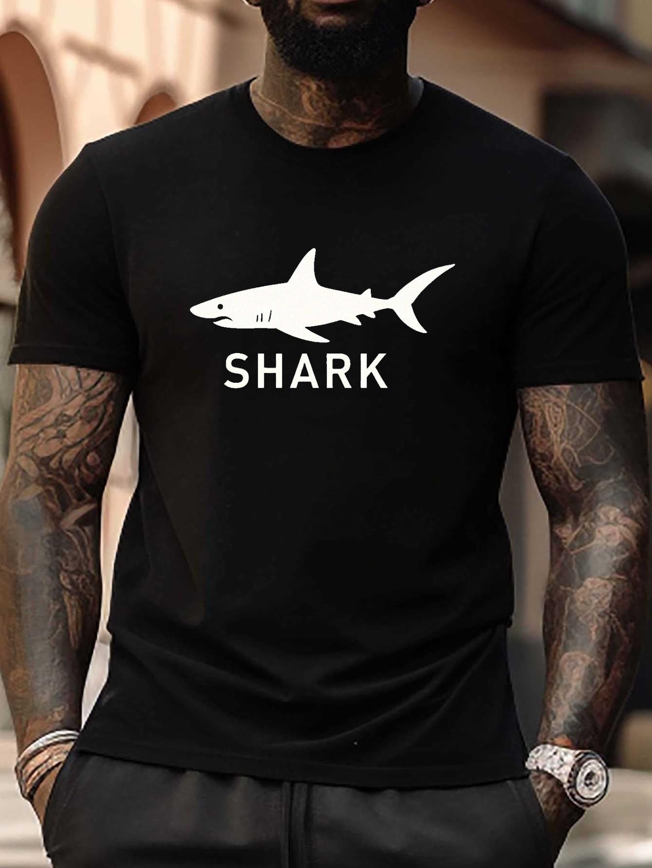 Plus Size Shark Graphic T-shirt - Black Casual Summer Tee with White Shark Silhouette & SHARK Text S
