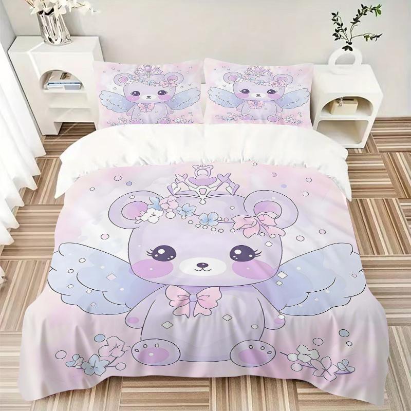 3pcs Angel Bear with Crown Pattern Bedding Three-Piece Set (1 Cover + 2 Pillowcases, No Fillings), This Printed Bedding Set Is Soft and Comf