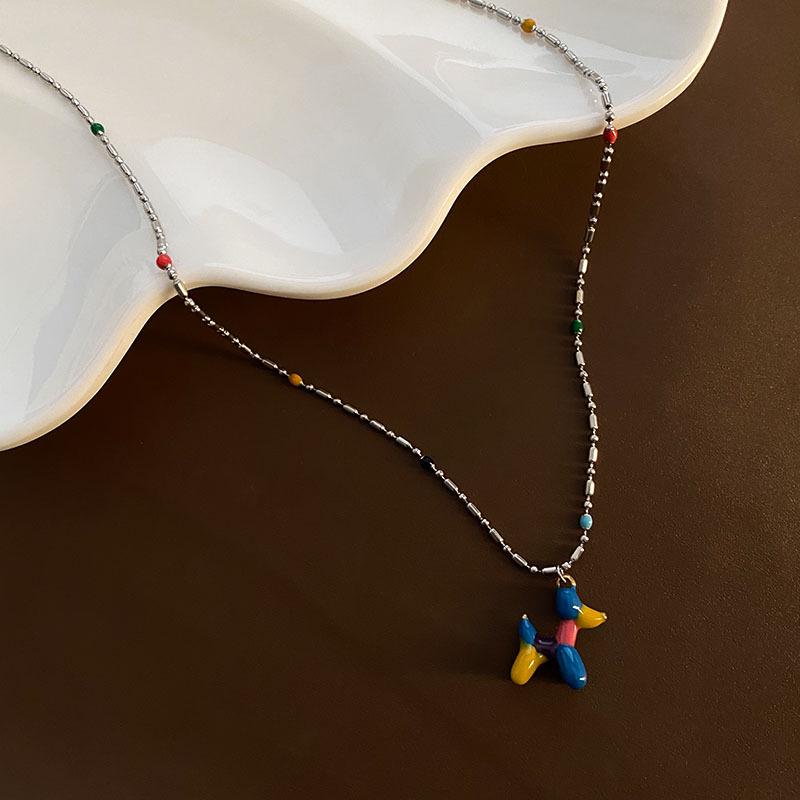 Korean Style Balloon Dog Pendant Choker Necklace - Cute Three-Dimensional Enamel Design in Titanium Steel