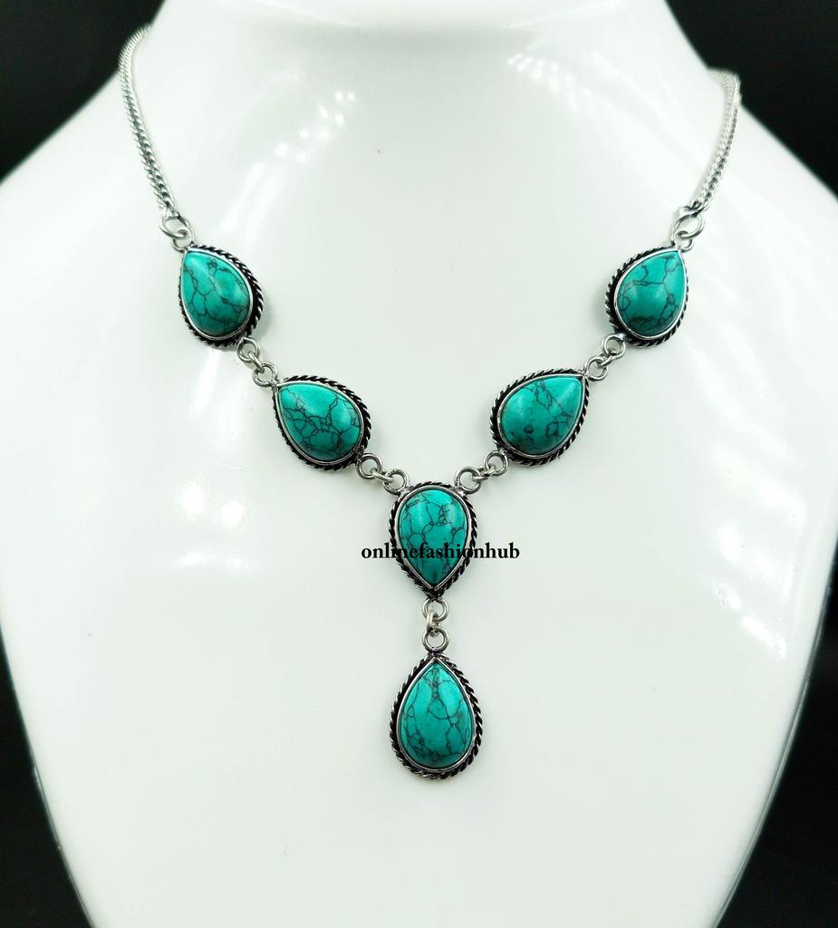 Turkis edelsten 925 Sterling sølvbelagt håndlaget halskjede 16" smykker for kvinner