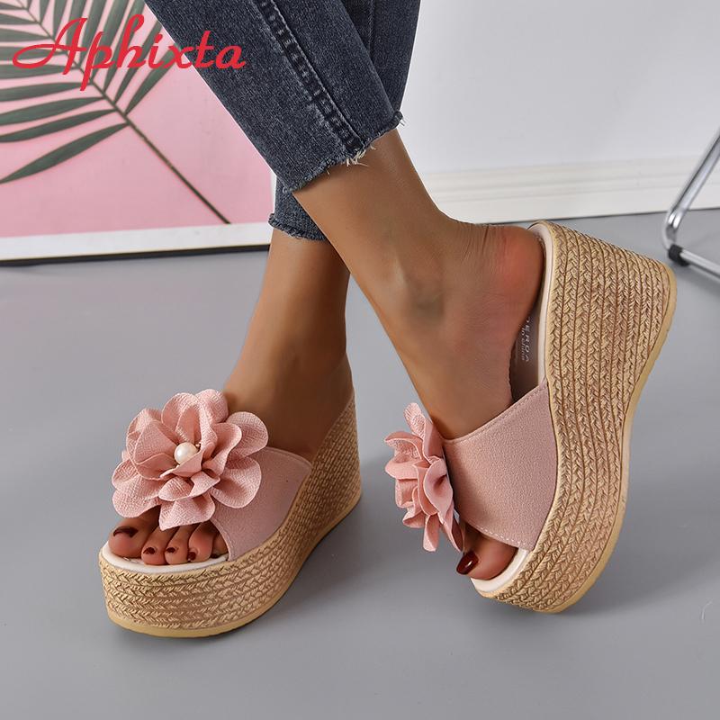 Fashion Aphixta Summer 9cm Wedge Heels Slippers Women Big Pearl Bead Flowers Cow Suede Bow Mulers 4cm Platform Sandals Clog Shoes Slides