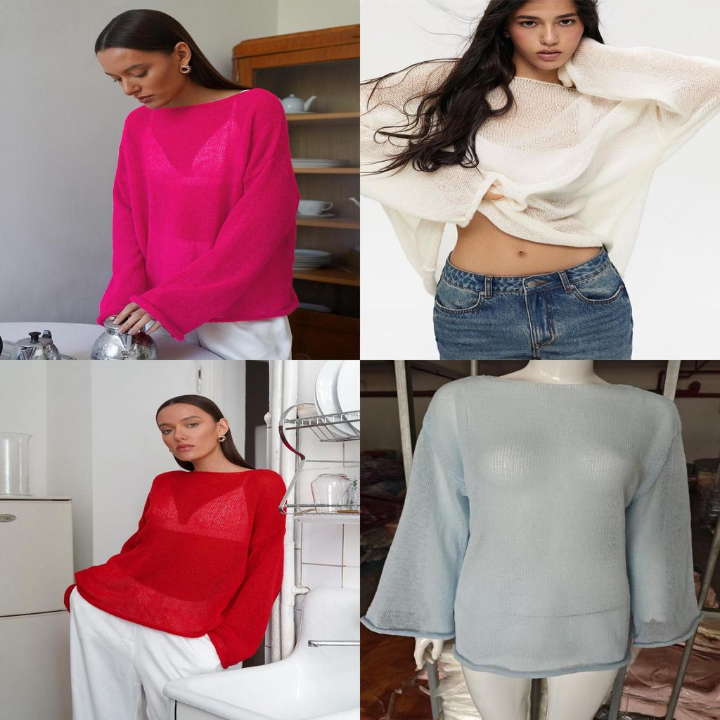 Polyester Knit Sweater With Openwork Lace Design Bell Sleeve Round Neck Summer Layering Top