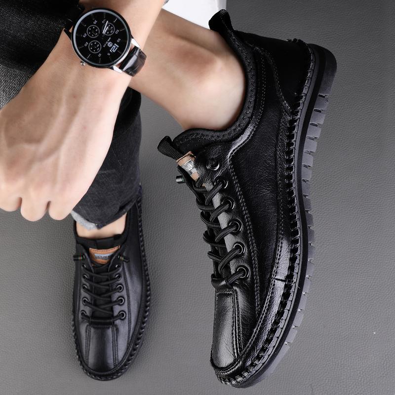 Fashionleather Casual Shoes for Men Lace Up Outdoor Oxfords Black Shoes Handmade Sewing Men's Skate Shoes Men Footwear