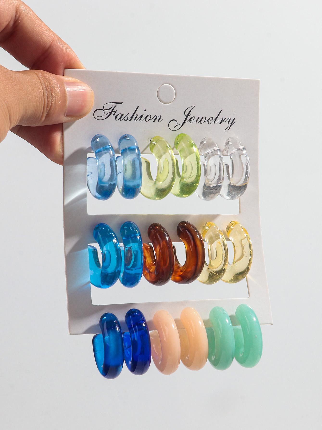 18pcs/set Colorful Acrylic Small Circle Hoop Earrings for Women Vintage Resin Geometric C-Shape Drop Earring Fashion Jewelry