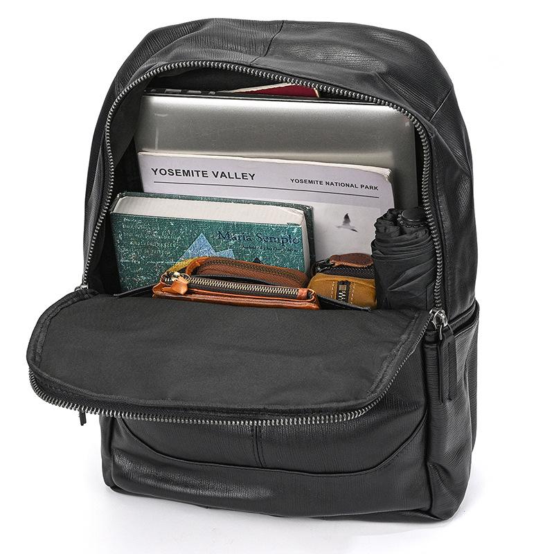 Simple Men'S Leather Backpack Men'S Cowhide 14-Inch Schoolbag Going Out For Travel Commuter Black Backpack
